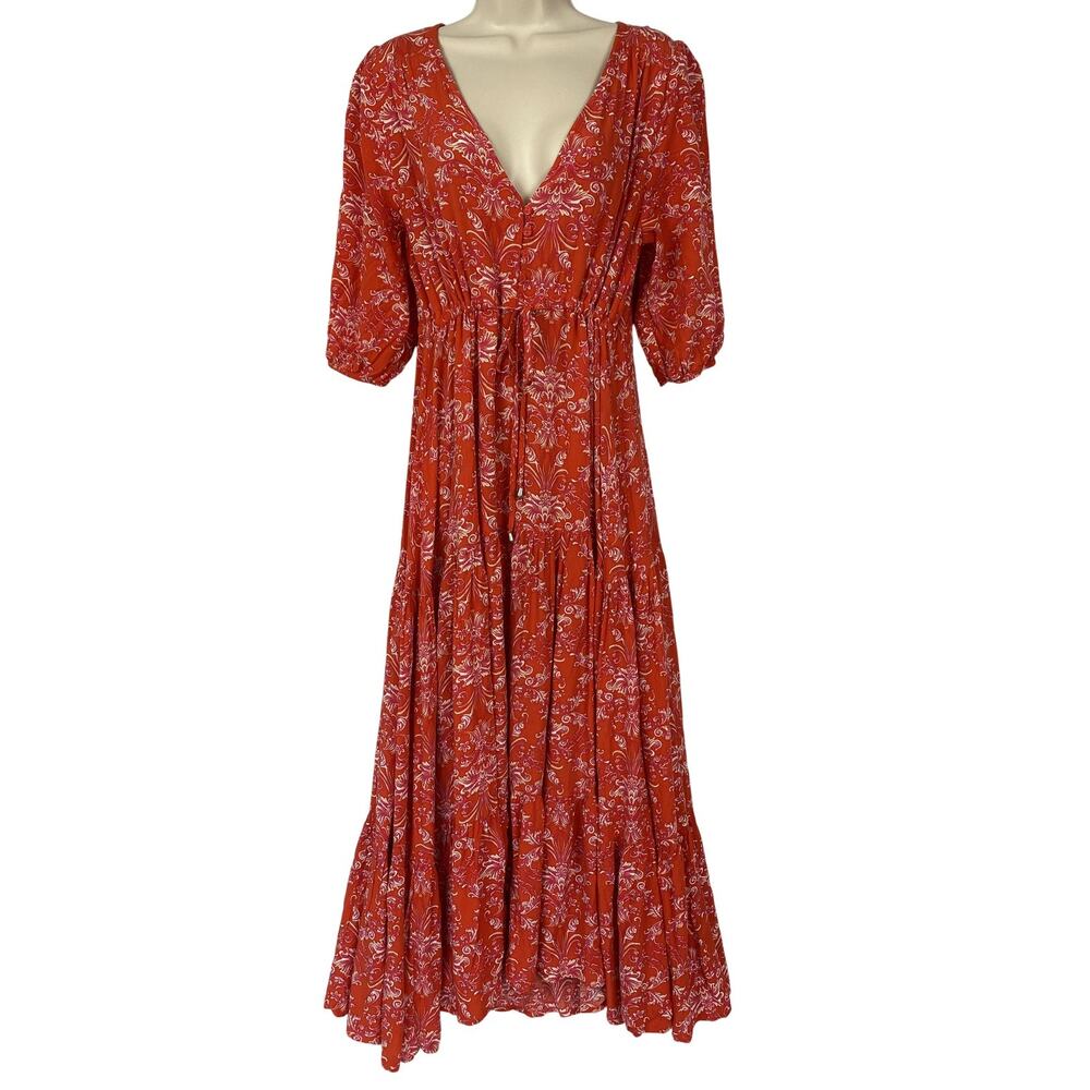 Boho Floral Red Maxi Dress with V-Neck
